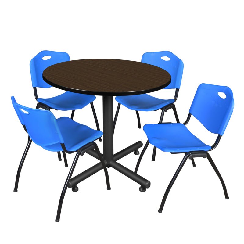 Regency Kobe Ergonomic Round X - Base Breakroom Table with 4 M Stack Chairs 36" W x 36" D x 29" H (REG - TKB36R - 47) - SchoolOutlet