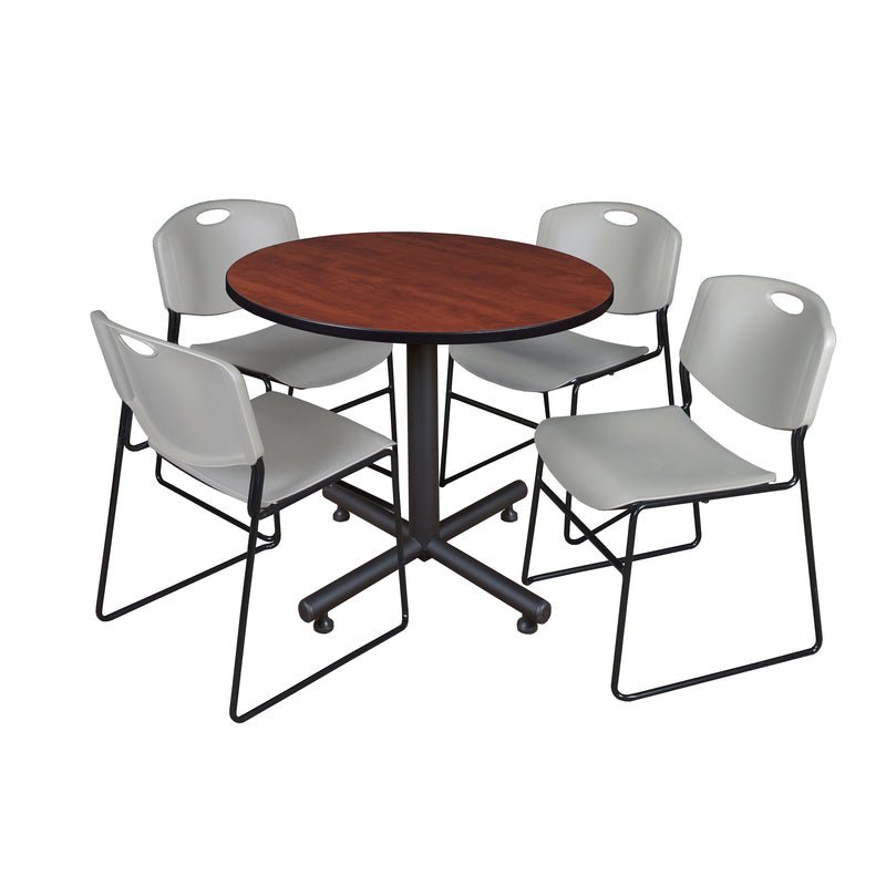 Regency Kobe Modern Round X - Base Breakroom Table with 4 Zeng Stack Chairs 42" W x 42" D x 29" H (REG - TKB42R - 44) - SchoolOutlet