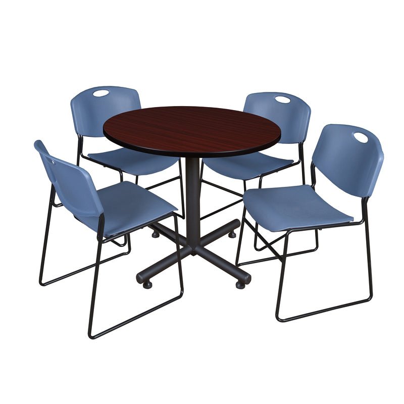 Regency Kobe Modern Round X - Base Breakroom Table with 4 Zeng Stack Chairs 42" W x 42" D x 29" H (REG - TKB42R - 44) - SchoolOutlet