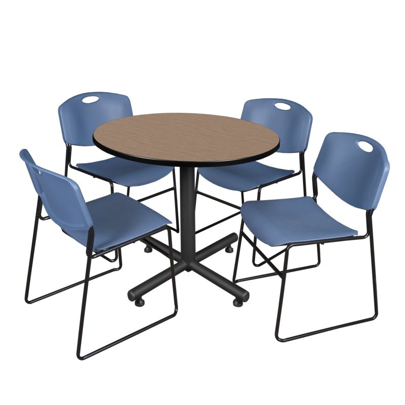 Regency Kobe Modern Round X - Base Breakroom Table with 4 Zeng Stack Chairs 42" W x 42" D x 29" H (REG - TKB42R - 44) - SchoolOutlet