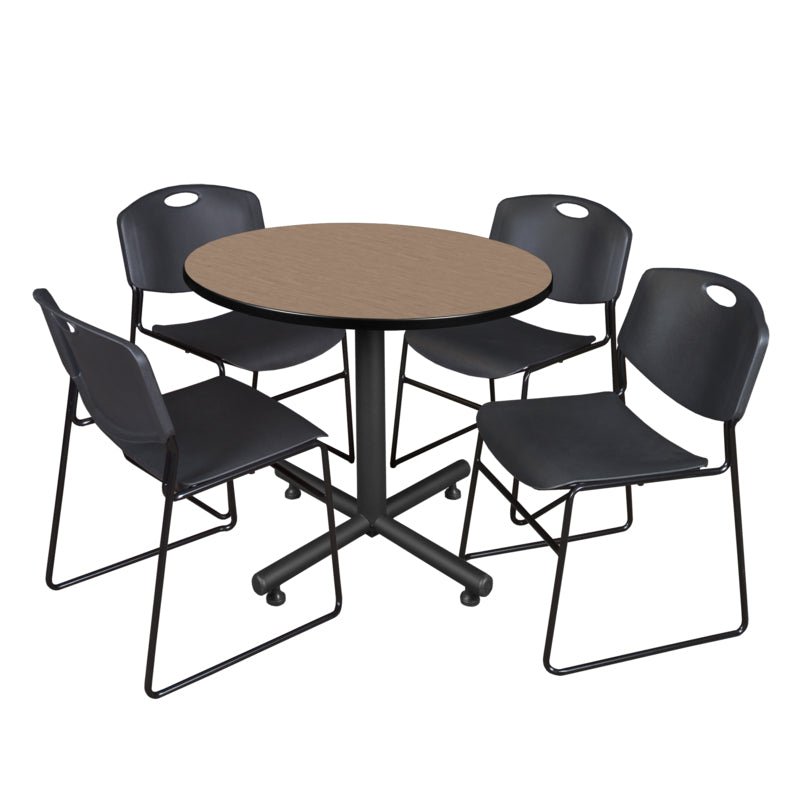 Regency Kobe Modern Round X - Base Breakroom Table with 4 Zeng Stack Chairs 42" W x 42" D x 29" H (REG - TKB42R - 44) - SchoolOutlet