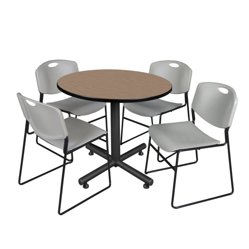 Regency Kobe Modern Round X - Base Breakroom Table with 4 Zeng Stack Chairs 42" W x 42" D x 29" H (REG - TKB42R - 44) - SchoolOutlet