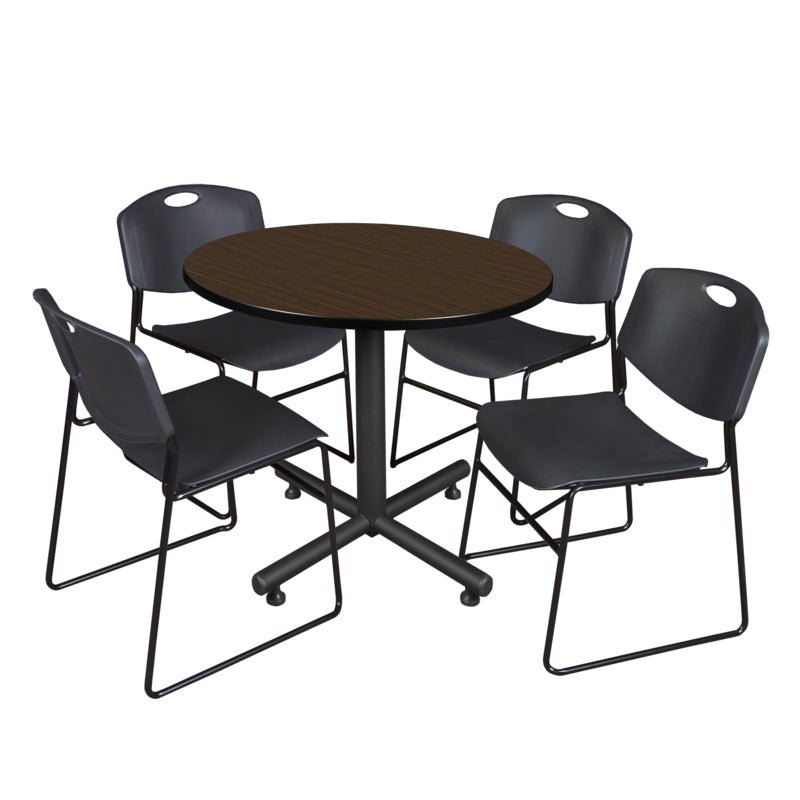 Regency Kobe Modern Round X - Base Breakroom Table with 4 Zeng Stack Chairs 42" W x 42" D x 29" H (REG - TKB42R - 44) - SchoolOutlet