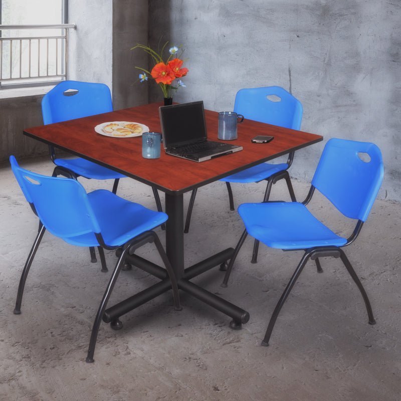 Regency Kobe Wide Square X - Base Breakroom Table with 4 M Stack Chairs 48" W x 48" D x 29" H (REG - TKB4848 - 47) - SchoolOutlet