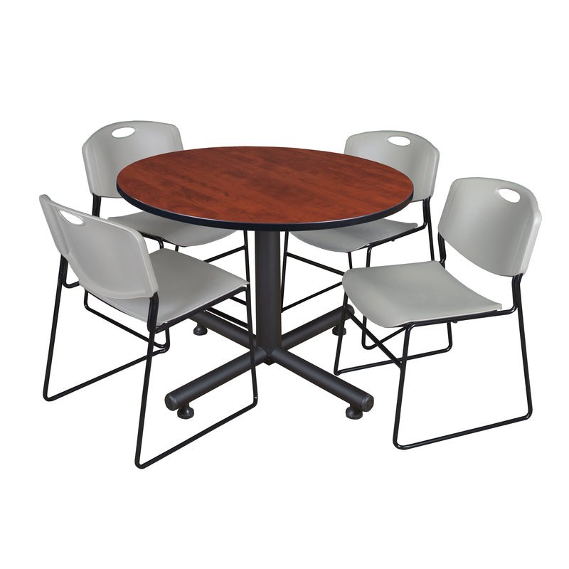 Regency Kobe Modern Round X - Base Breakroom Table with 4 Zeng Stack Chairs 48" W x 48" D x 29" H (REG - TKB48R - 44) - SchoolOutlet