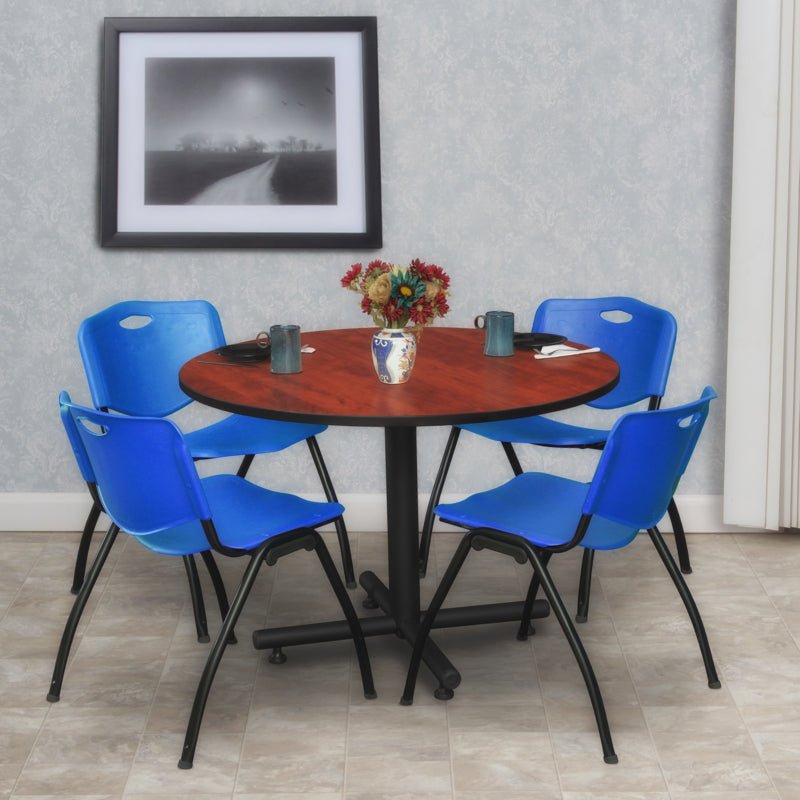 Regency Kobe Ergonomic Round X - Base Breakroom Table with 4 M Stack Chairs 48" W x 48" D x 29" H (REG - TKB48RNDCH47BE) - SchoolOutlet