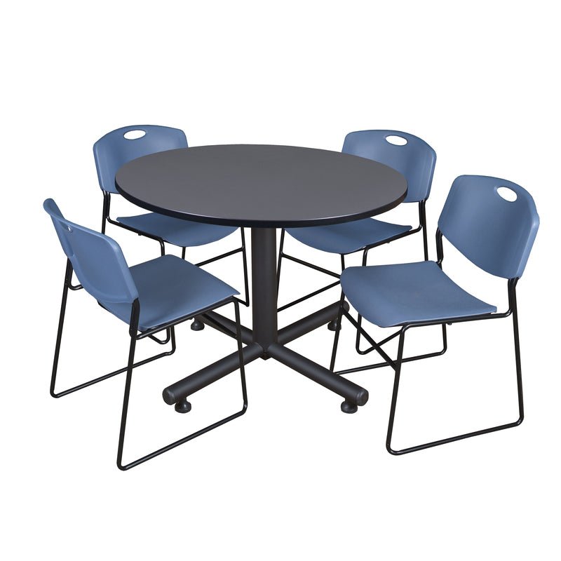 Regency Kobe Modern Round X - Base Breakroom Table with 4 Zeng Stack Chairs 48" W x 48" D x 29" H (REG - TKB48R - 44) - SchoolOutlet