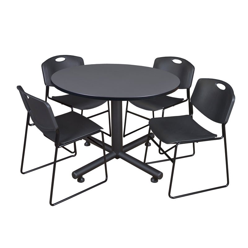 Regency Kobe Modern Round X - Base Breakroom Table with 4 Zeng Stack Chairs 48" W x 48" D x 29" H (REG - TKB48R - 44) - SchoolOutlet
