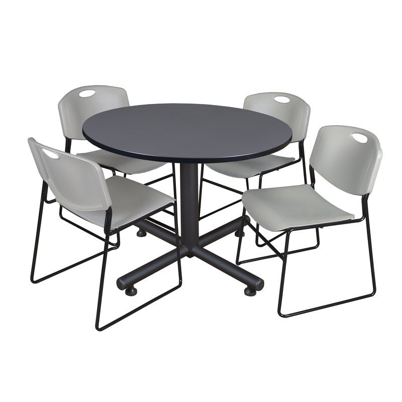 Regency Kobe Modern Round X - Base Breakroom Table with 4 Zeng Stack Chairs 48" W x 48" D x 29" H (REG - TKB48R - 44) - SchoolOutlet