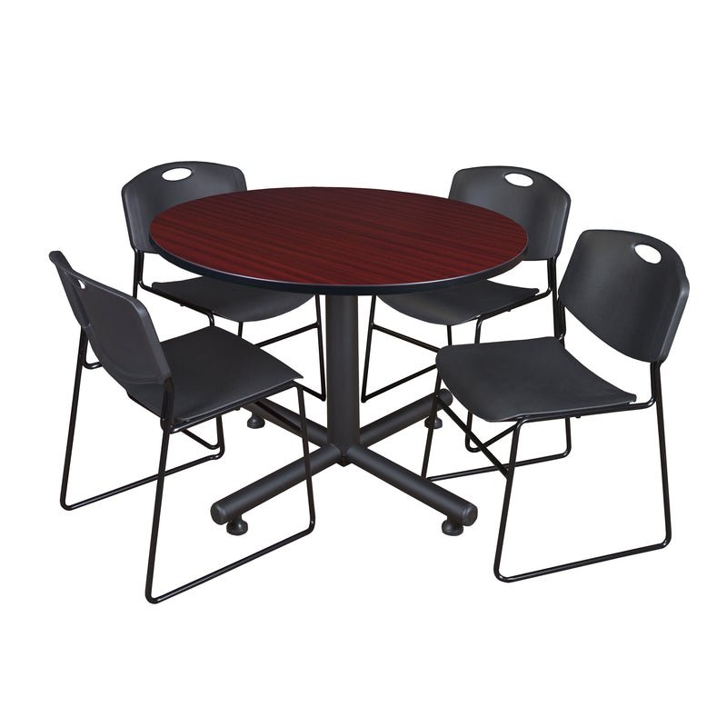 Regency Kobe Modern Round X - Base Breakroom Table with 4 Zeng Stack Chairs 48" W x 48" D x 29" H (REG - TKB48R - 44) - SchoolOutlet