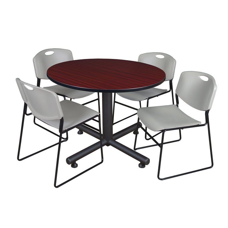 Regency Kobe Modern Round X - Base Breakroom Table with 4 Zeng Stack Chairs 48" W x 48" D x 29" H (REG - TKB48R - 44) - SchoolOutlet