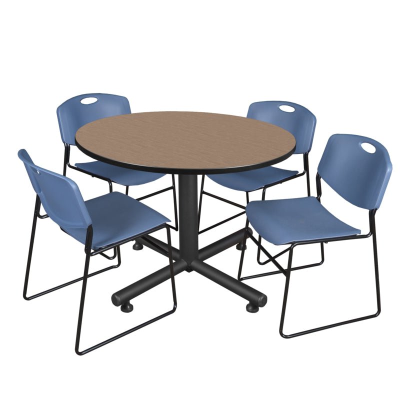 Regency Kobe Modern Round X - Base Breakroom Table with 4 Zeng Stack Chairs 48" W x 48" D x 29" H (REG - TKB48R - 44) - SchoolOutlet