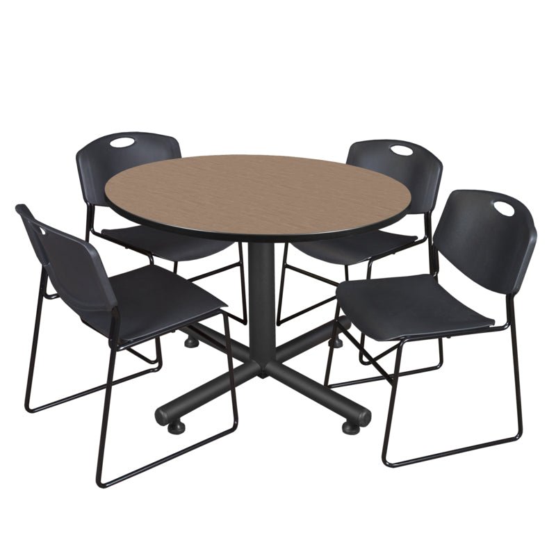 Regency Kobe Modern Round X - Base Breakroom Table with 4 Zeng Stack Chairs 48" W x 48" D x 29" H (REG - TKB48R - 44) - SchoolOutlet