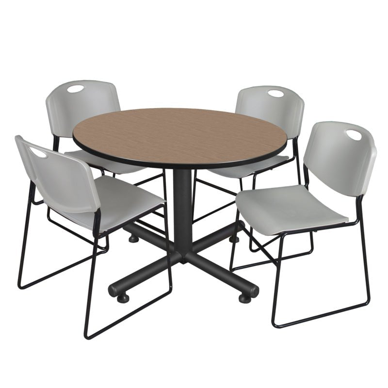 Regency Kobe Modern Round X - Base Breakroom Table with 4 Zeng Stack Chairs 48" W x 48" D x 29" H (REG - TKB48R - 44) - SchoolOutlet