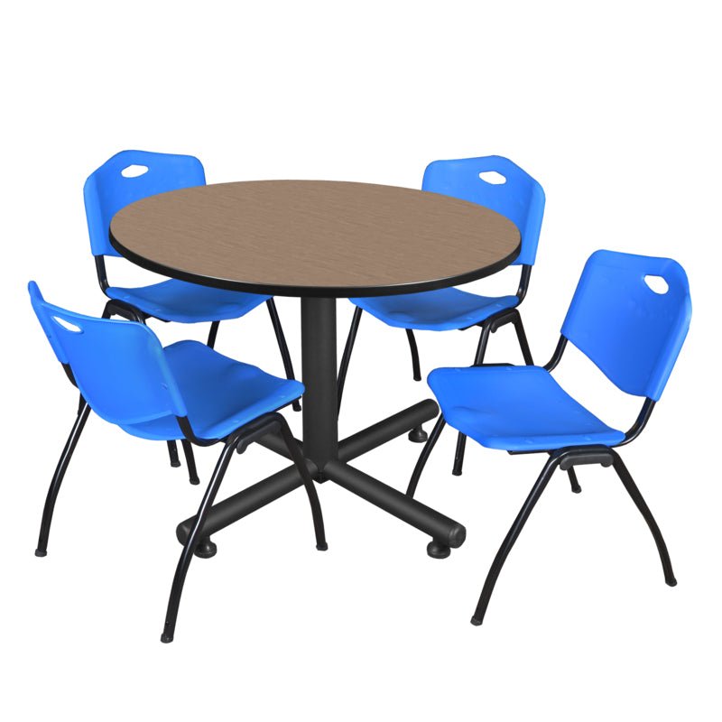 Regency Kobe Ergonomic Round X - Base Breakroom Table with 4 M Stack Chairs 48" W x 48" D x 29" H (REG - TKB48RNDCH47BE) - SchoolOutlet