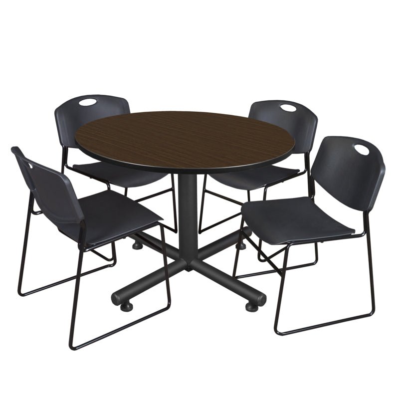 Regency Kobe Modern Round X - Base Breakroom Table with 4 Zeng Stack Chairs 48" W x 48" D x 29" H (REG - TKB48R - 44) - SchoolOutlet