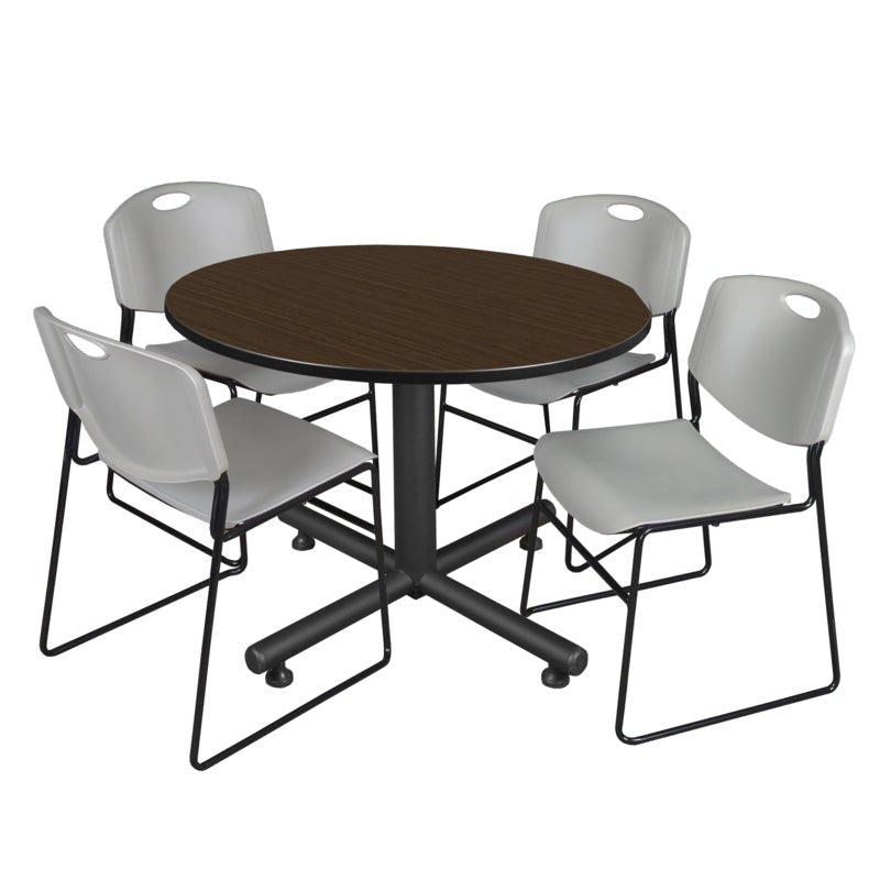 Regency Kobe Modern Round X - Base Breakroom Table with 4 Zeng Stack Chairs 48" W x 48" D x 29" H (REG - TKB48R - 44) - SchoolOutlet