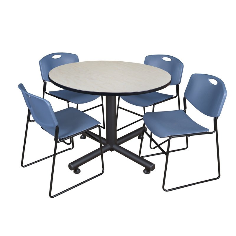 Regency Kobe Modern Round X - Base Breakroom Table with 4 Zeng Stack Chairs 48" W x 48" D x 29" H (REG - TKB48R - 44) - SchoolOutlet