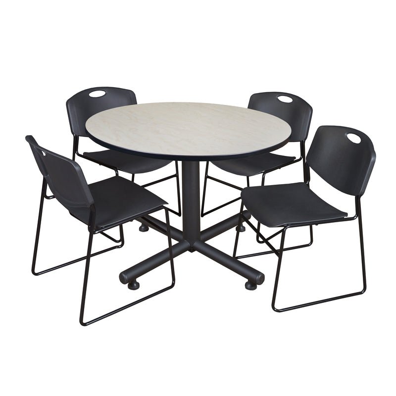 Regency Kobe Modern Round X - Base Breakroom Table with 4 Zeng Stack Chairs 48" W x 48" D x 29" H (REG - TKB48R - 44) - SchoolOutlet