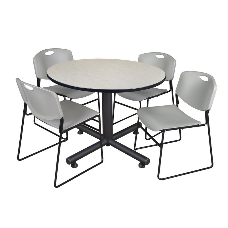 Regency Kobe Modern Round X - Base Breakroom Table with 4 Zeng Stack Chairs 48" W x 48" D x 29" H (REG - TKB48R - 44) - SchoolOutlet