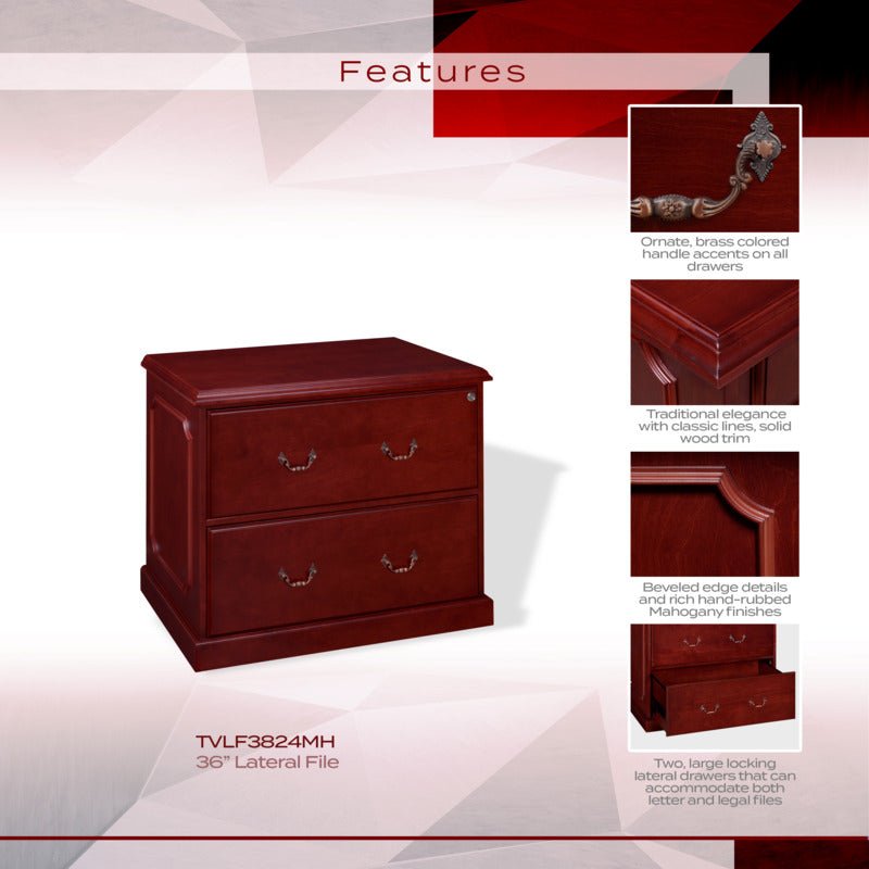 Regency Prestige 2 Drawer Lateral File Cabinet with Brass Hardware 36"W x 24"D x 30"H (REG - TVLF3824) - SchoolOutlet