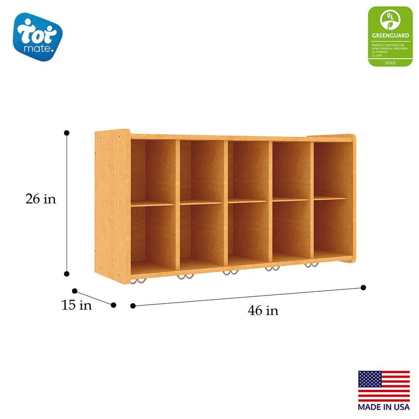 Tot Mate Customizable 10 - Compartment Wall Storage Cubbies with Hooks 46"W x 15"D x 26"H Unassemble (TOT - TM2410R) - SchoolOutlet