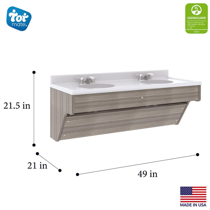 Tot Mate Kids' Wall - Mount Double Bathroom Vanity with Sink 49"W x 21"D x 21.5"H (TOT - TM8362R) - SchoolOutlet