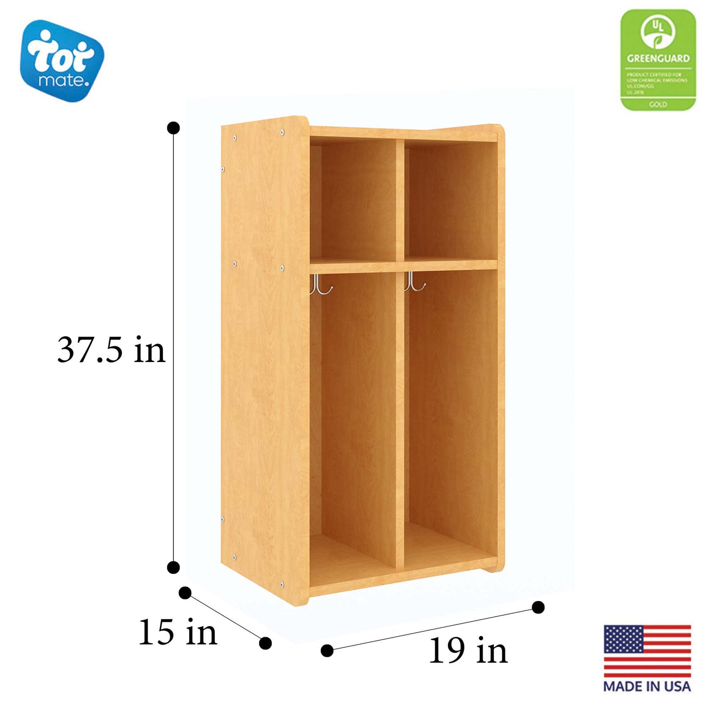 Tot Mate 2 - Section Wall Locker with Cubbies & Hooks 19"W x 15"D x 37.5"H Assembled (TOT - TML401A) - SchoolOutlet