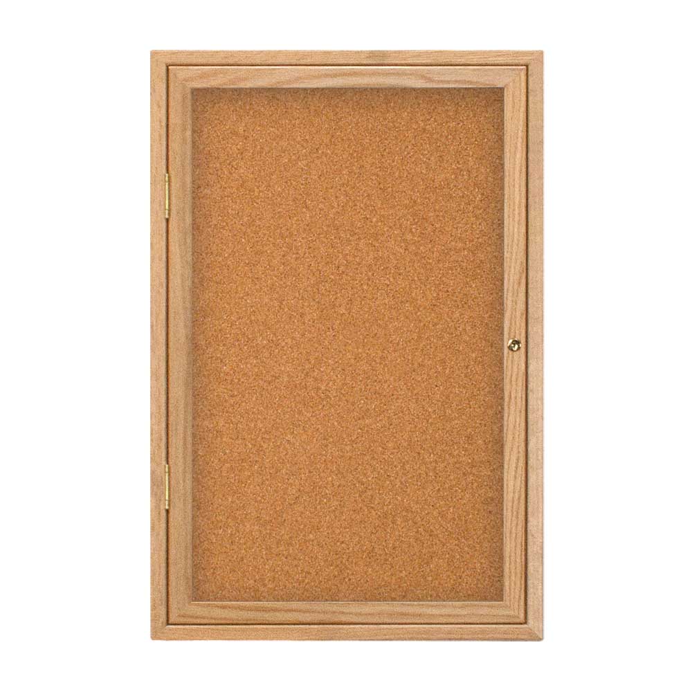 United Visual Indoor Enclosed Bulletin Board w/ One Door & Solid Oak Frame , 24" W x 36" H (UVP - UV101W) - SchoolOutlet