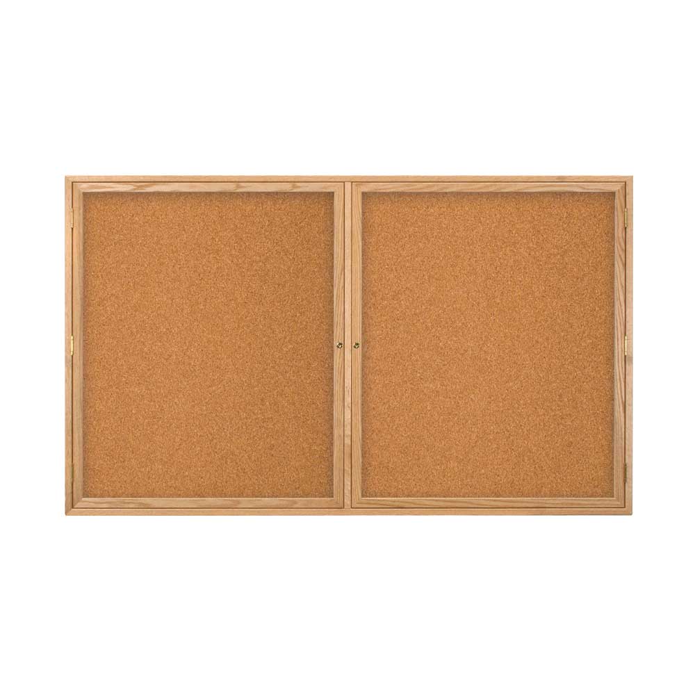 United Visual Indoor Enclosed Bulletin Board w/ Two Doors & Solid Oak Frame, 60" W x 36" H (UVP - UV104W) - SchoolOutlet