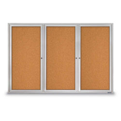 United Visual Enclosed Bulletin Board w/ Three Doors & Satin Aluminum Frame - Indoor Use, 72" W x 48" H (UVP-UV307)