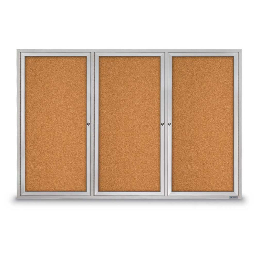 United Visual Enclosed Bulletin Board w/ Three Doors & Satin Aluminum Frame - Indoor Use, 72" W x 48" H (UVP - UV307) - SchoolOutlet