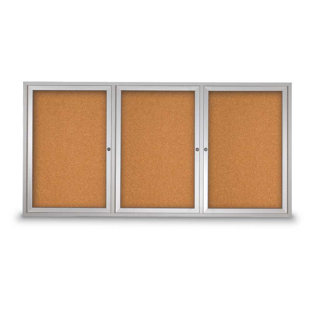United Visual Enclosed Bulletin Board w/ Three Doors & Satin Aluminum Frame - Indoor/Outdoor Use, 72" W x 36" H (UVP - UV407) - SchoolOutlet