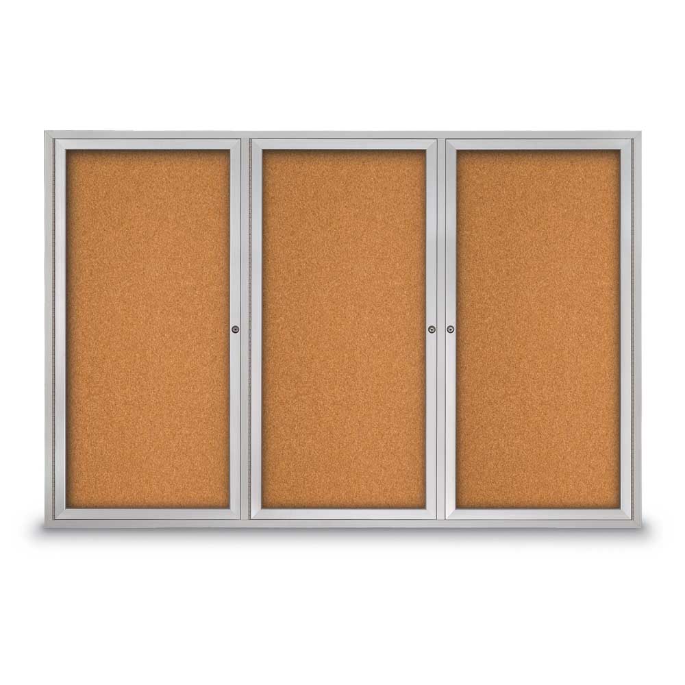 United Visual Enclosed Bulletin Board w/ Three Doors & Satin Aluminum Frame - Indoor/Outdoor Use, 72" W x 48" H (UVP - UV408) - SchoolOutlet