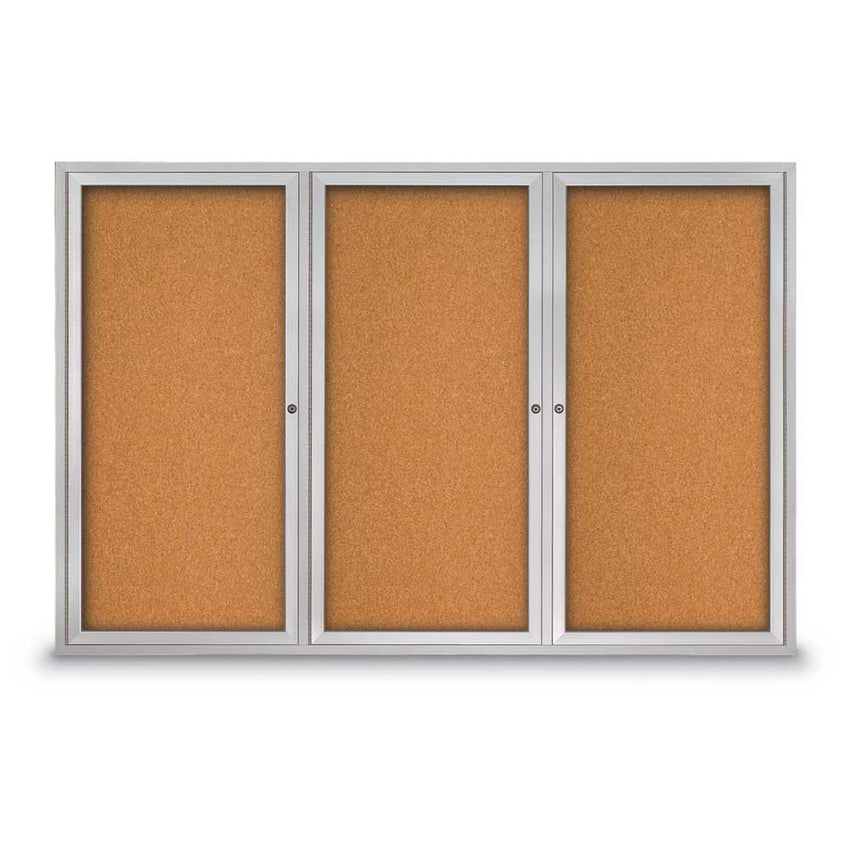 United Visual Enclosed Bulletin Board w/ Three Doors & Satin Aluminum Frame - Indoor/Outdoor Use, 72" W x 48" H (UVP - UV408) - SchoolOutlet