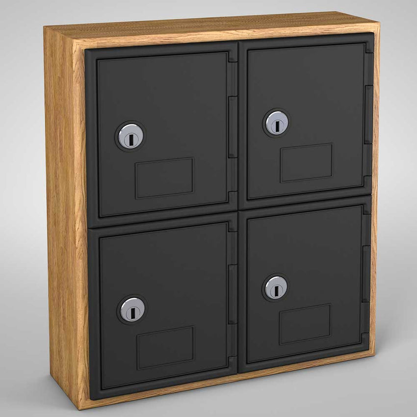 United Visual Cell Phone Lockers w/ Wood Frame - Four Lockers w/ Keyed lock, Light Oak (UVP - UVQ1022) - SchoolOutlet