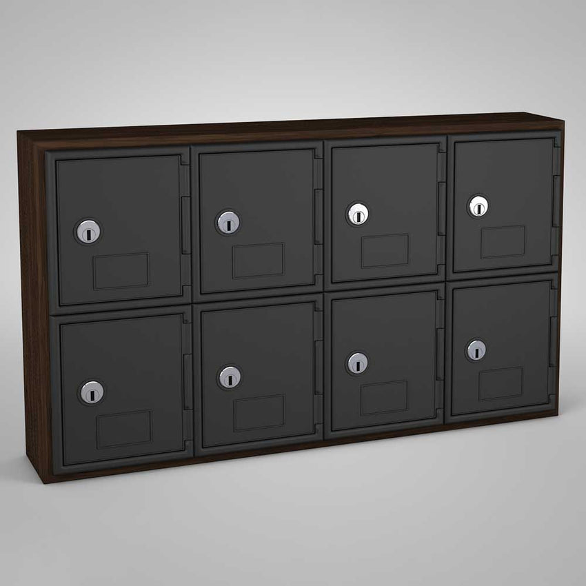 United Visual Cell Phone Lockers w/ Wood Frame - Eight Lockers w/ Keyed Lock, Walnut (UVP - UVQ1034) - SchoolOutlet