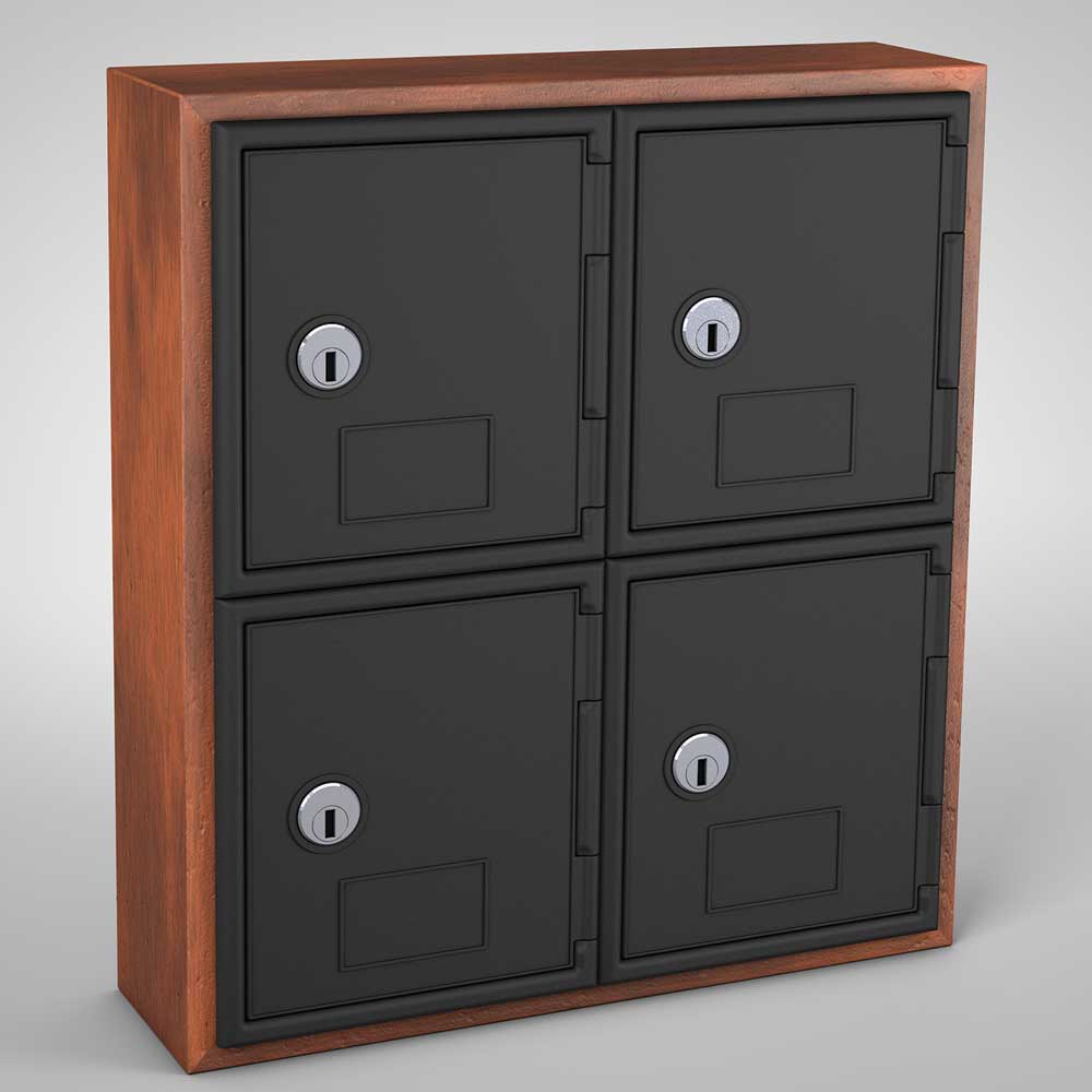 United Visual Cell Phone Lockers w/ Wood Frame - Four Lockers w/ Keyed lock, Cherry (UVP - UVQ1038) - SchoolOutlet