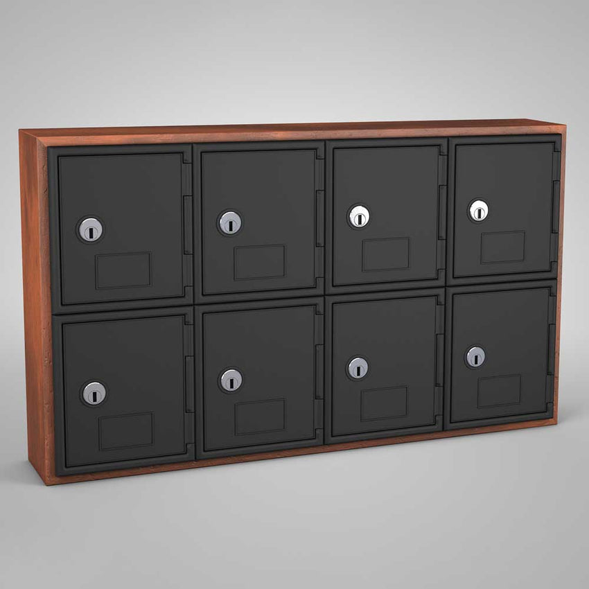 United Visual Cell Phone Lockers w/ Wood Frame - Eight Lockers w/ Keyed Lock, Cherry (UVP - UVQ1042) - SchoolOutlet