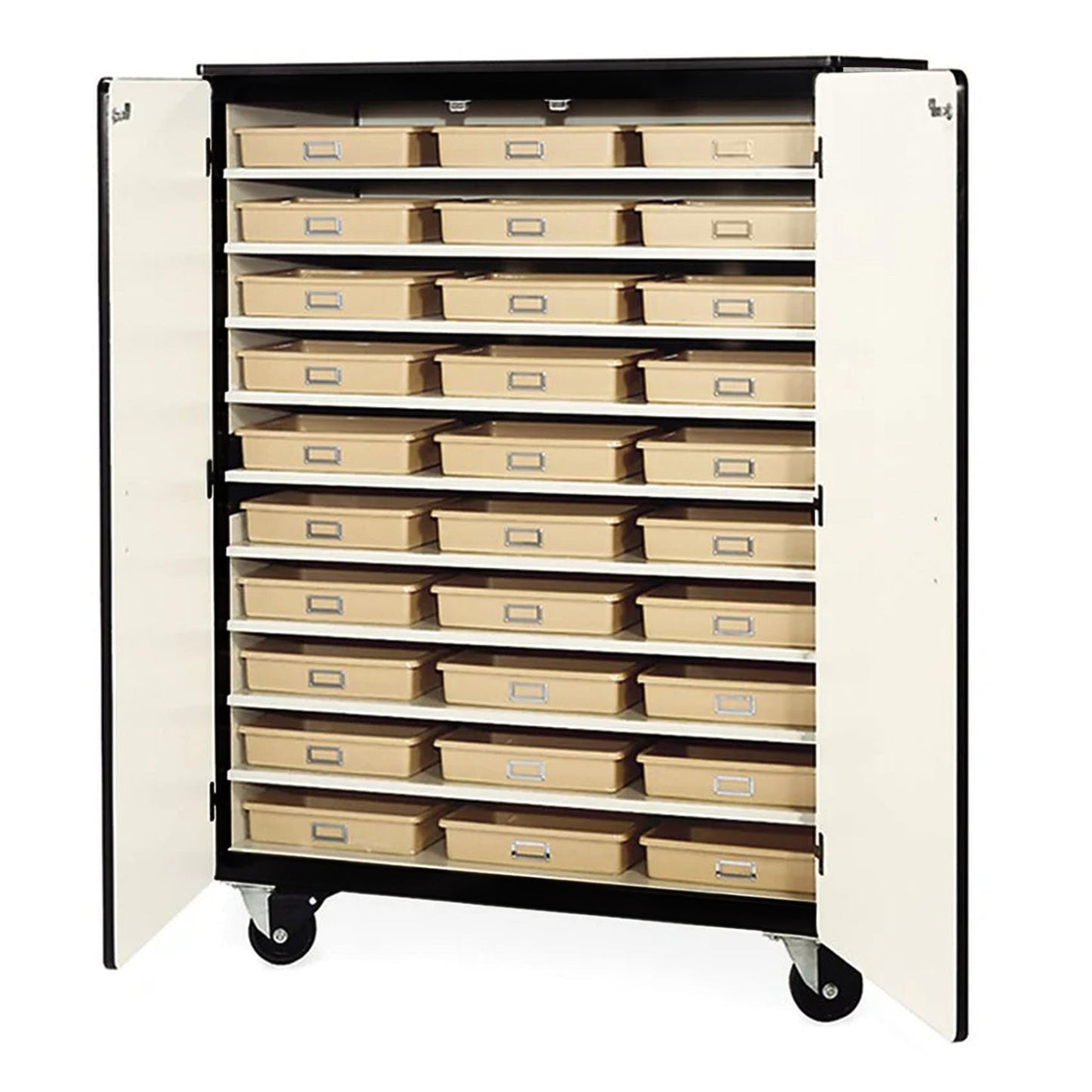 Virco 2501 - 30TT - Mobile Storage Cabinet With Ten Steel Shelves, 30 Tote Trays, 2 Hinged Doors - 48"W x 28"D x 66"H (Virco 2501 - 30TT) - SchoolOutlet