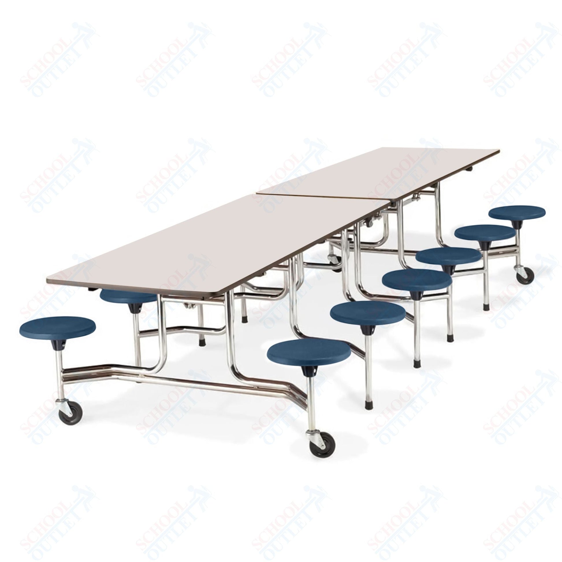 Virco MTS19311212W - ADA Compliant Rectangle Mobile Stool Cafeteria Table - T - mold Edge - 19" Seat Height - 12.5'L - 12 Stools - SchoolOutlet