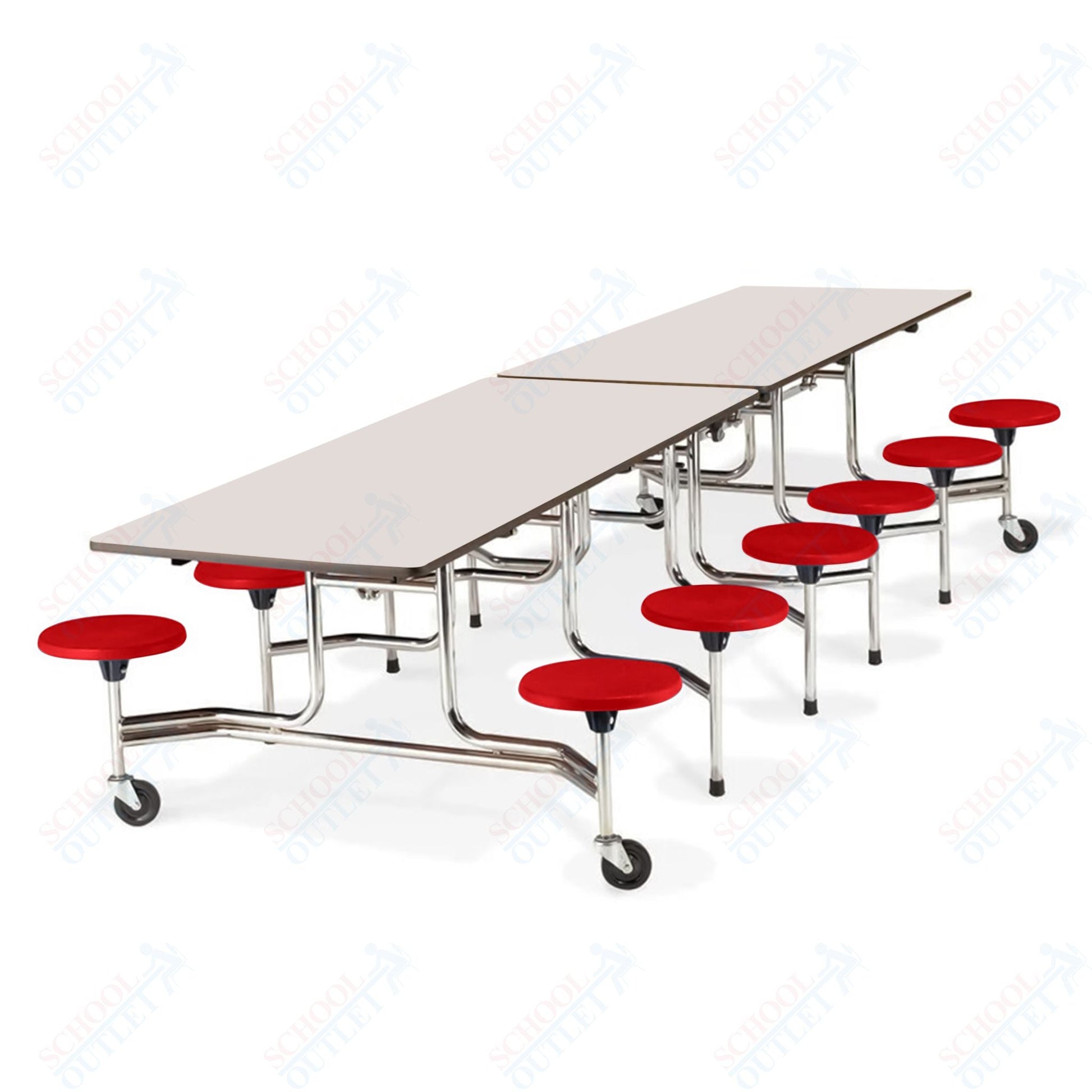 Virco MTS19311212W - ADA Compliant Rectangle Mobile Stool Cafeteria Table - T - mold Edge - 19" Seat Height - 12.5'L - 12 Stools - SchoolOutlet