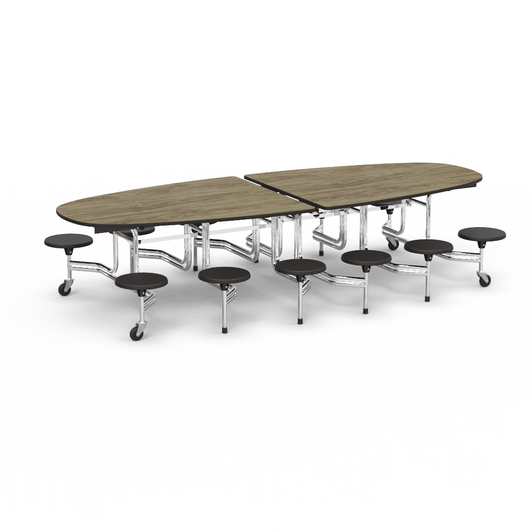Virco MTS Series Ellipse Mobile Cafeteria Stool Table 45"W x 120"L x 29"H with 15" Seat Height - 12 Stools (MTSE15271012) - SchoolOutlet