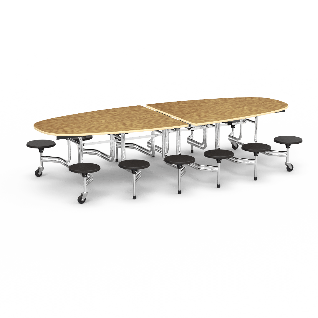 Virco MTS Series Ellipse Mobile Cafeteria Stool Table 45"W x 120"L x 29"H with 15" Seat Height - 12 Stools (MTSE15271012) - SchoolOutlet