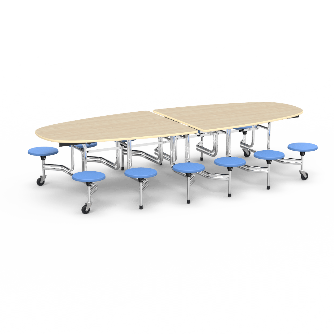 Virco MTS Series Ellipse Mobile Cafeteria Stool Table 45"W x 120"L x 29"H with 15" Seat Height - 12 Stools (MTSE15271012) - SchoolOutlet