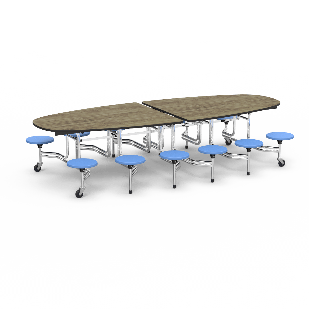 Virco MTS Series Ellipse Mobile Cafeteria Stool Table 45"W x 120"L x 29"H with 15" Seat Height - 12 Stools (MTSE15271012) - SchoolOutlet