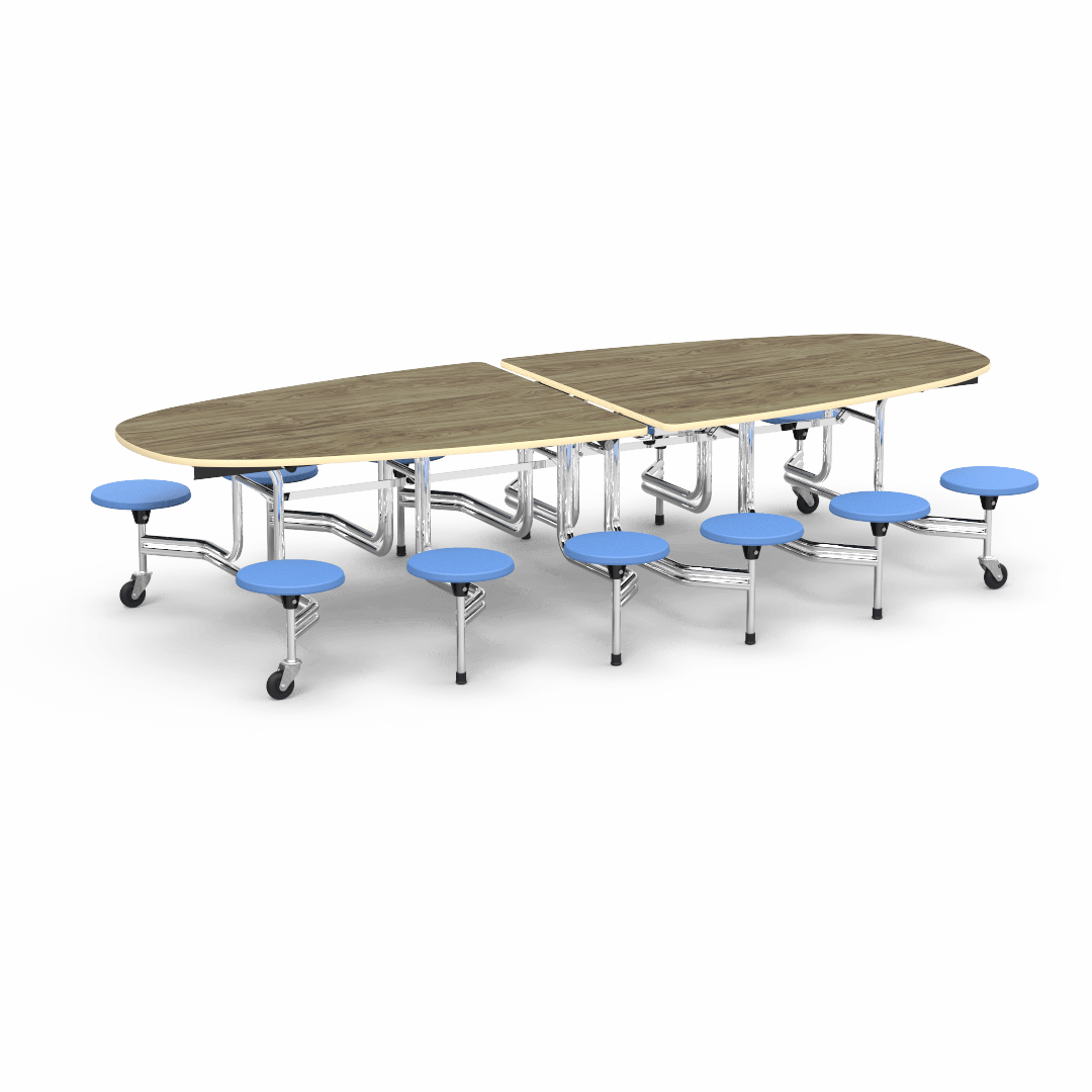 Virco MTS Series Ellipse Mobile Cafeteria Stool Table 45"W x 120"L x 29"H with 15" Seat Height - 12 Stools (MTSE15271012) - SchoolOutlet