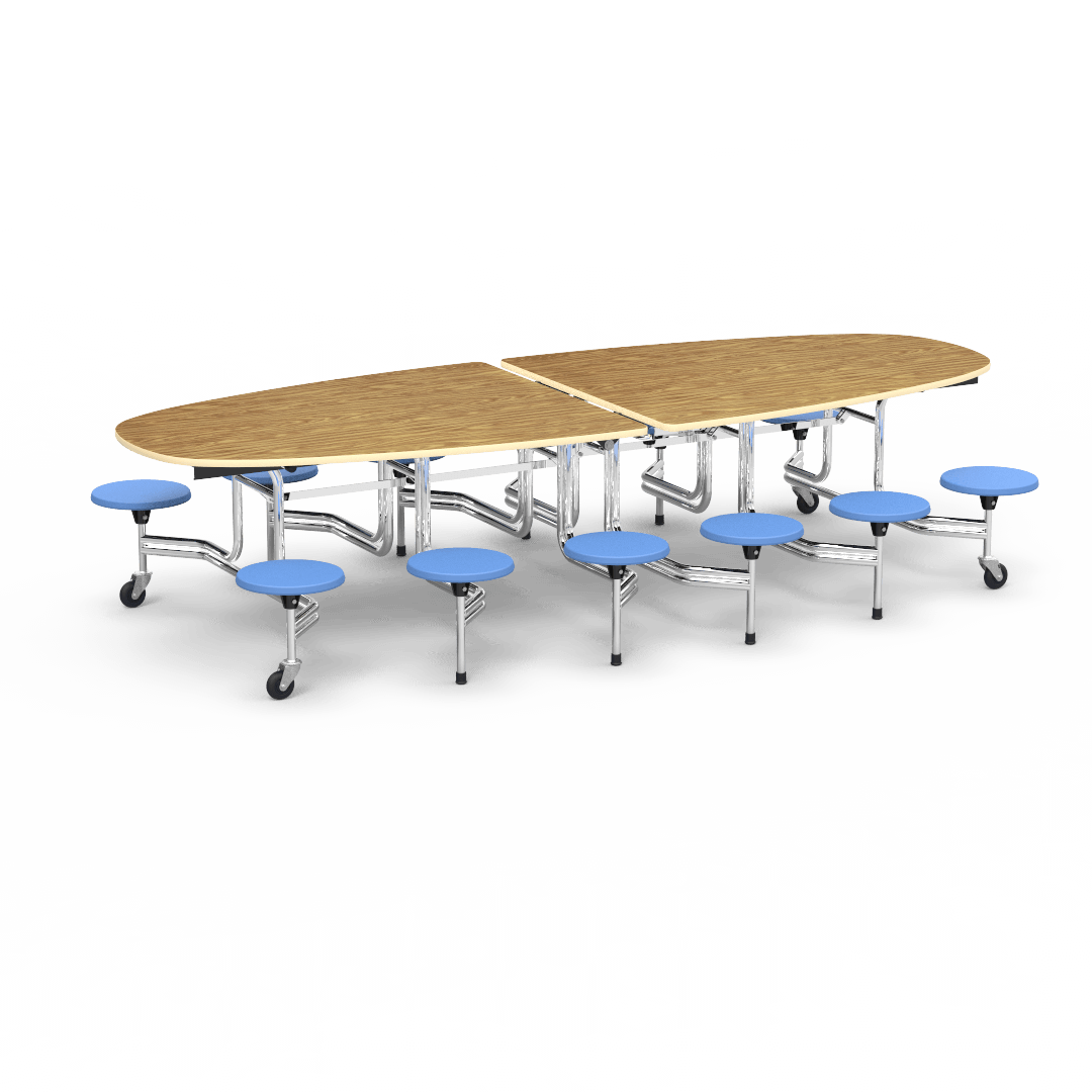 Virco MTS Series Ellipse Mobile Cafeteria Stool Table 45"W x 120"L x 29"H with 15" Seat Height - 12 Stools (MTSE15271012) - SchoolOutlet