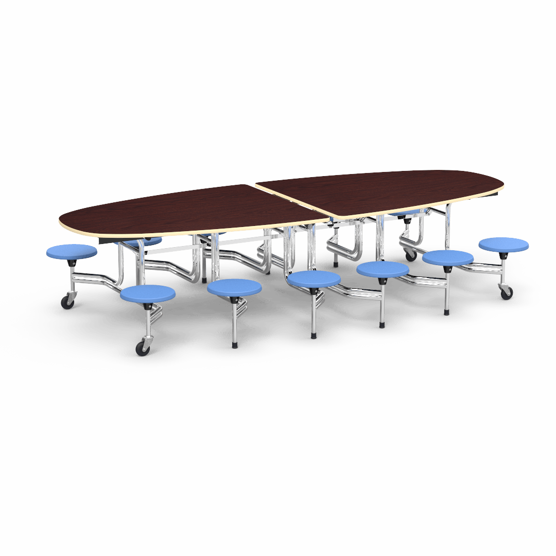 Virco MTS Series Ellipse Mobile Cafeteria Stool Table 45"W x 120"L x 29"H with 15" Seat Height - 12 Stools (MTSE15271012) - SchoolOutlet