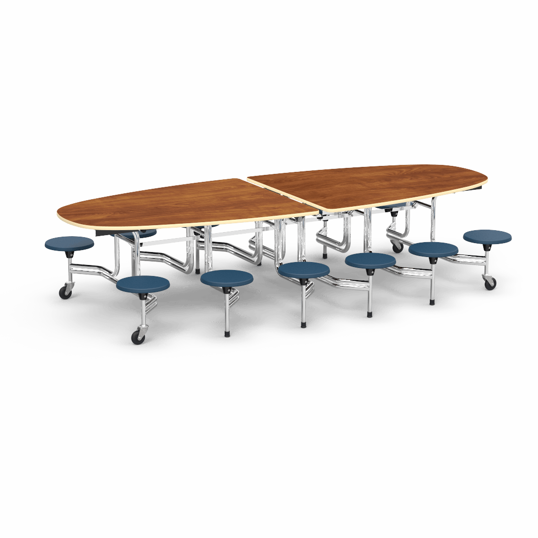 Virco MTS Series Ellipse Mobile Cafeteria Stool Table 45"W x 120"L x 29"H with 15" Seat Height - 12 Stools (MTSE15271012) - SchoolOutlet